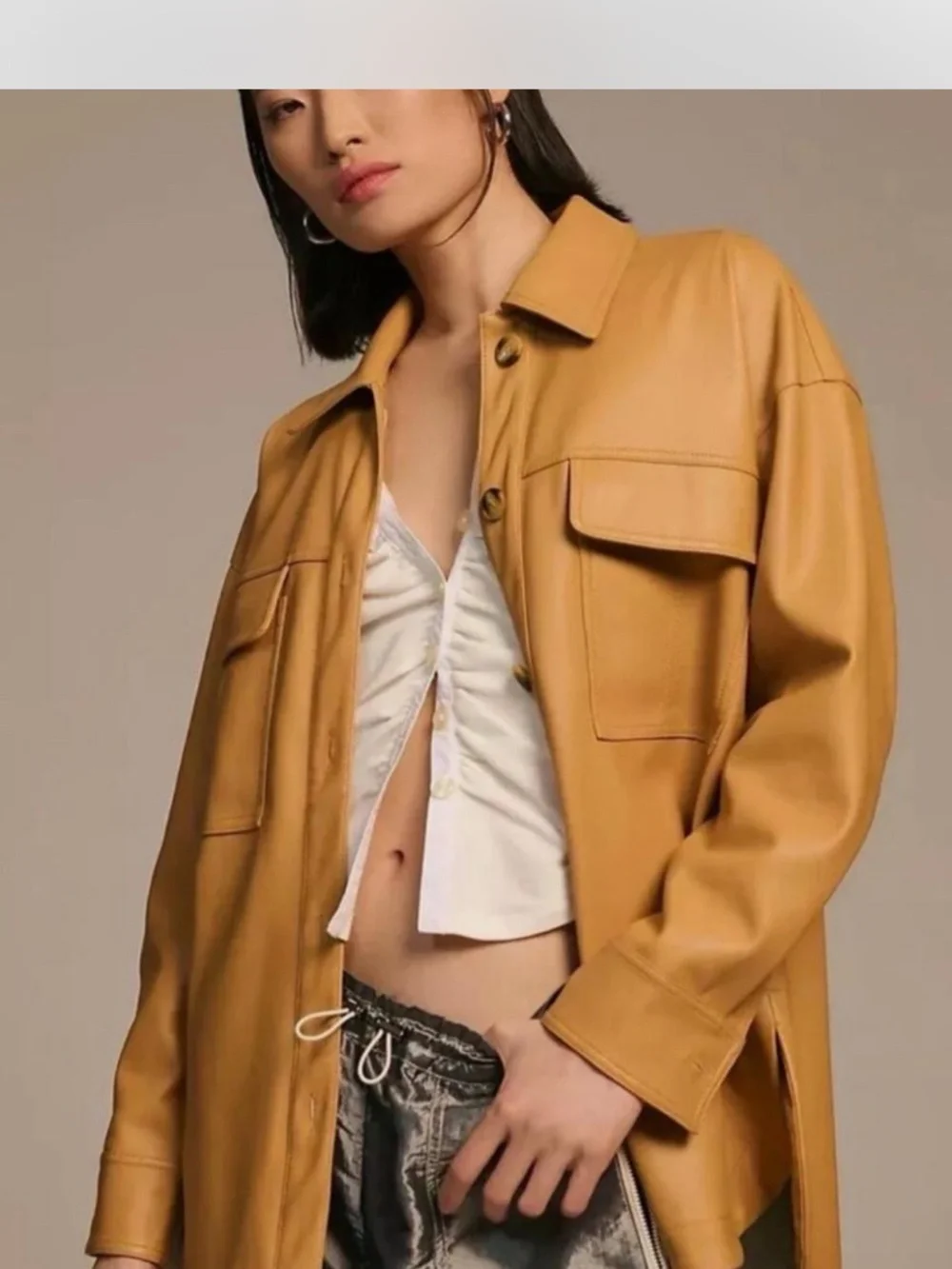 Maeve by Anthropologie Faux Leather Camel Shacket – Size Large - Picture 2 of 6